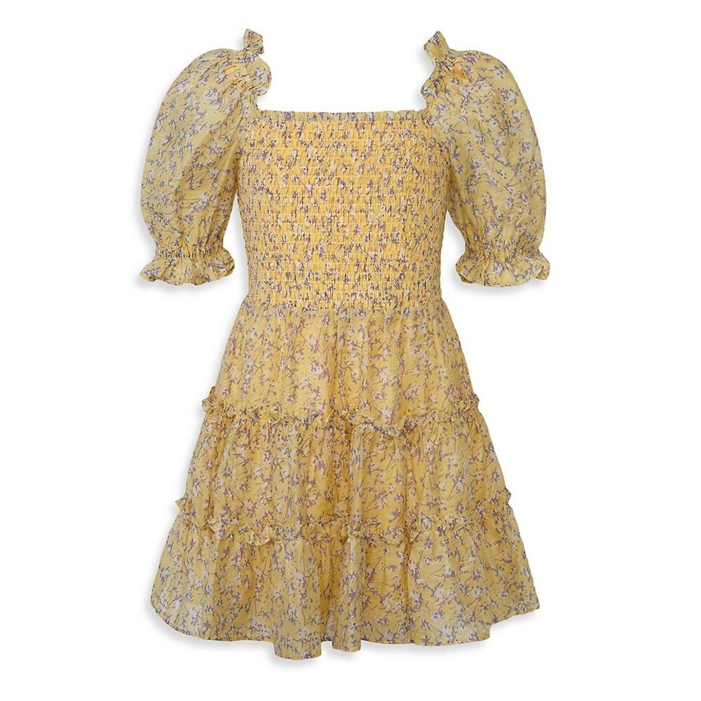 Bardot Junior Tiered Yellow Floral Puff Sleeve Mini Dress Size 10